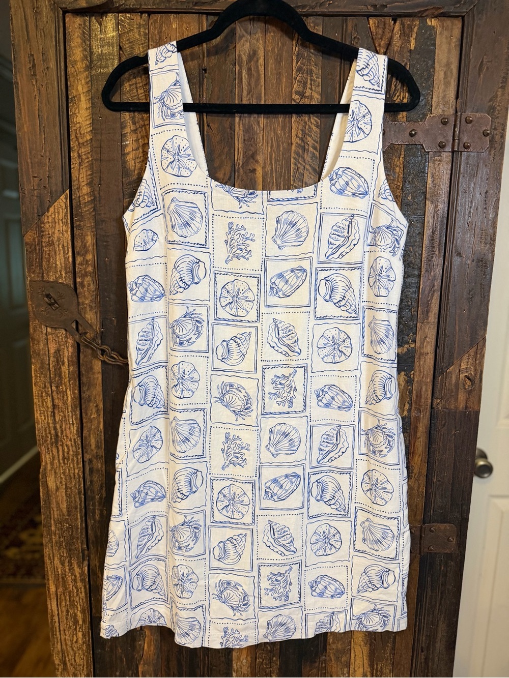 J.Crew Factory Linen Blend Squareneck Shift Dress M Seashell Blue White resort